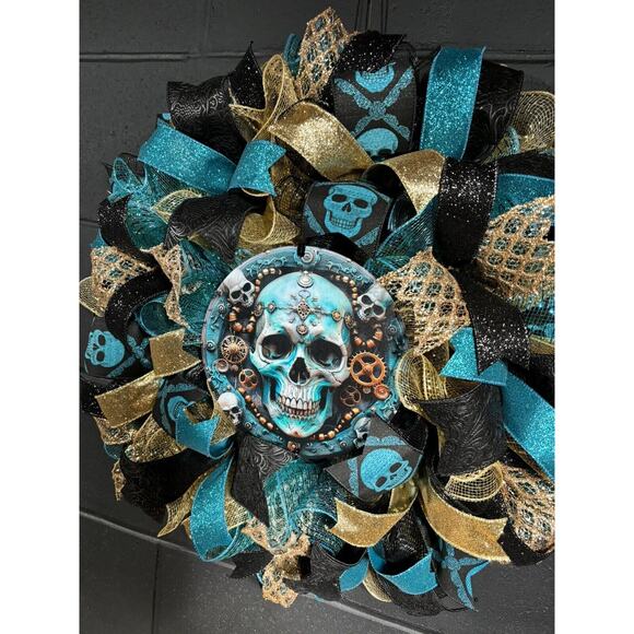 Handmade Halloween Wreath Teal Blue & Gold Steampunk Skull 24 Inch Deco Mesh - Picture 4 of 8
